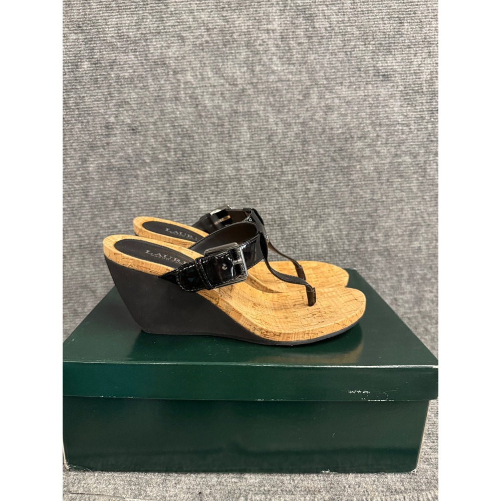 NWB Lauren Ralph Lauren Roseanne Black Patent Cork Wedge Sandals 8.5B 14784 A16